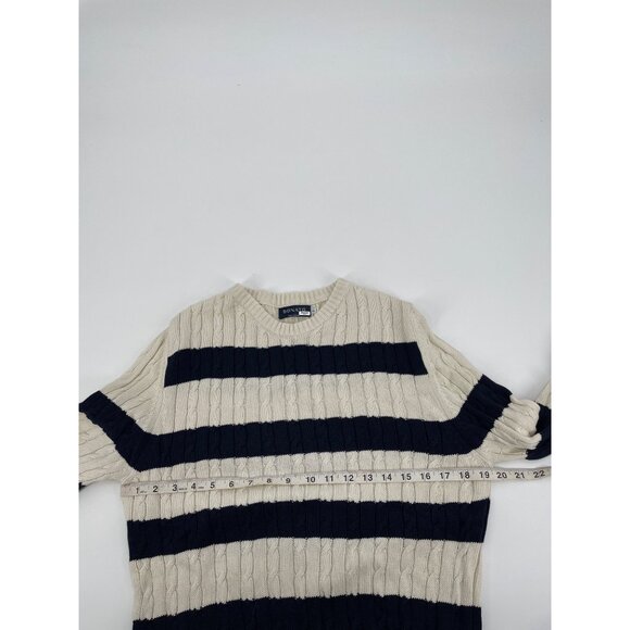 Donato Mens Large Cable Knit Cotton Sweater Striped Navy Cream Crewneck Nautical - Picture 7 of 8